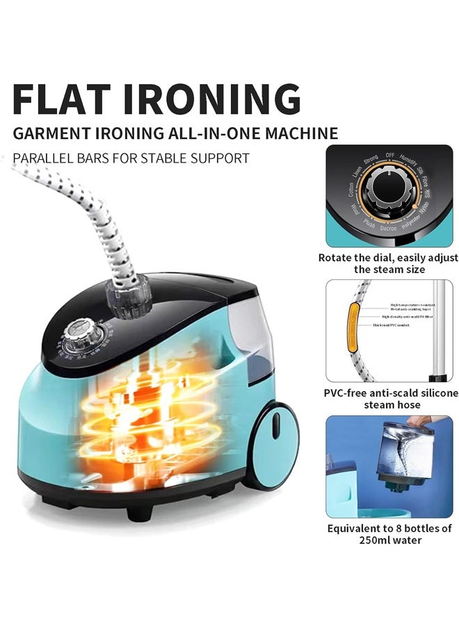 Steam Iron Double Pole, Standing Steamer Iron with Adjustable Garment Hanger, Roll Wheels and Built-in Ironing Board, Adjustable High Power Garment Steamer for Home