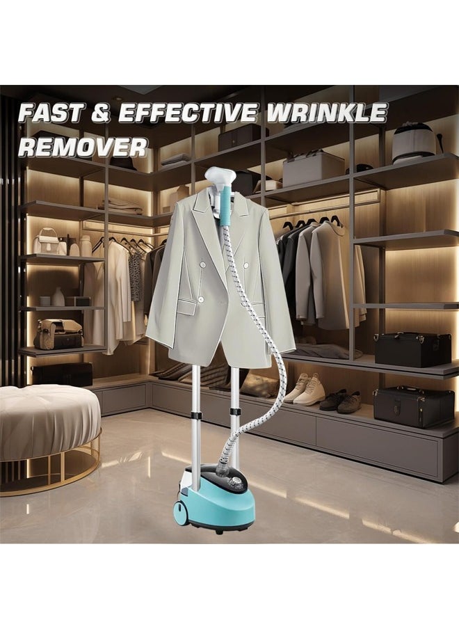 Steam Iron Double Pole, Standing Steamer Iron with Adjustable Garment Hanger, Roll Wheels and Built-in Ironing Board, Adjustable High Power Garment Steamer for Home