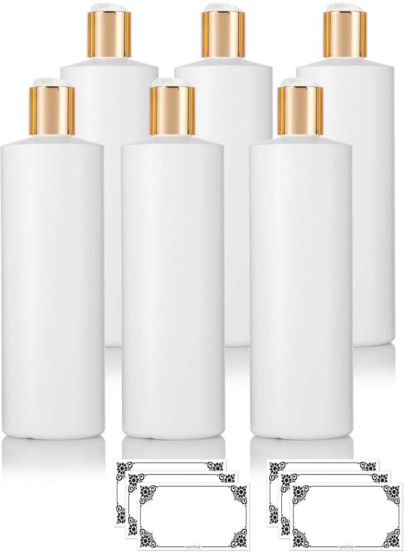 JUVITUS 16 oz White Refillable Plastic Squeeze Bottles with Gold Disc Cap Lid (6 pack)