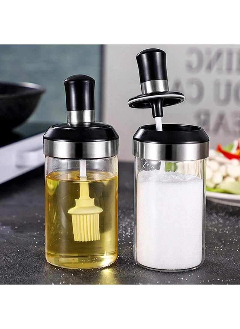 ANKZWEE Borosilicate Glass Food Storage Spice Container Salt Sugar Condiment Jar with Spoon and Olive Oil Bottle with Brush Combo for Kitchen (Transparent)(Set of 2)(250ml)