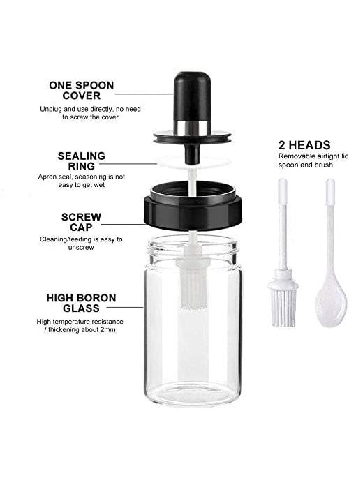 ANKZWEE Borosilicate Glass Food Storage Spice Container Salt Sugar Condiment Jar with Spoon and Olive Oil Bottle with Brush Combo for Kitchen (Transparent)(Set of 2)(250ml)