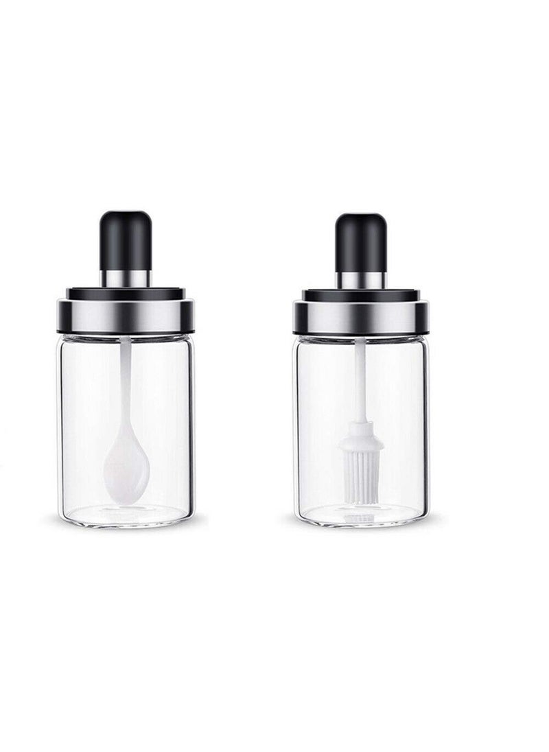 ANKZWEE Borosilicate Glass Food Storage Spice Container Salt Sugar Condiment Jar with Spoon and Olive Oil Bottle with Brush Combo for Kitchen (Transparent)(Set of 2)(250ml)