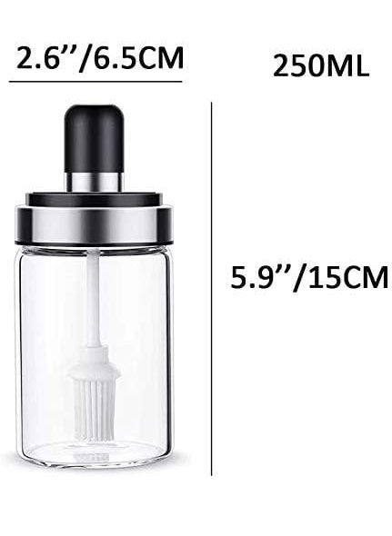 ANKZWEE Borosilicate Glass Food Storage Spice Container Salt Sugar Condiment Jar with Spoon and Olive Oil Bottle with Brush Combo for Kitchen (Transparent)(Set of 2)(250ml)