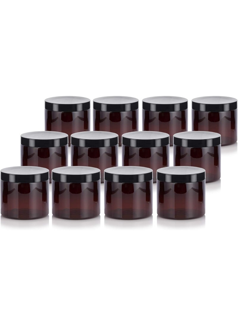 JUVITUS 16 oz Amber PET Plastic Refillable Jar With Black Smooth Lid (12 pack)
