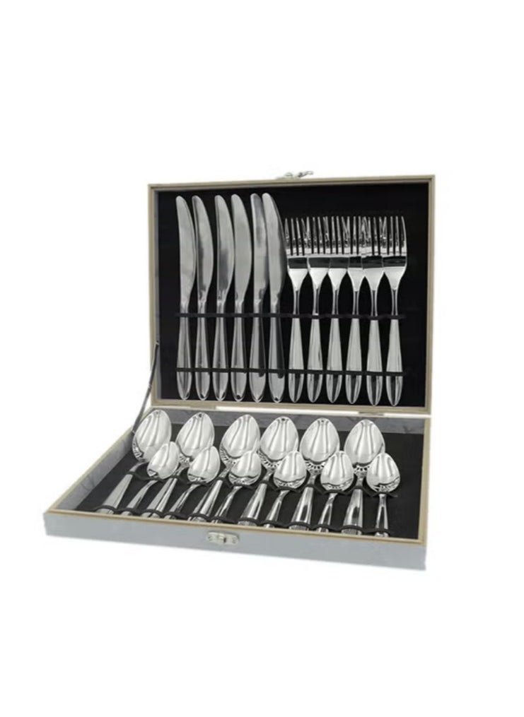 24 Piece Cutlery Set Stainless Steel Flatware Cutlery Set, 6 Each Knife, Spoon, Fork, teaspoon, Multi Person Cutlery Set Silver 32x26x5 cm
