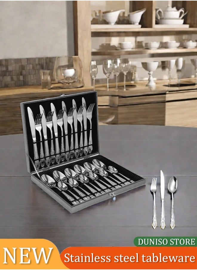 24 Piece Cutlery Set Stainless Steel Flatware Cutlery Set, 6 Each Knife, Spoon, Fork, teaspoon, Multi Person Cutlery Set Silver 32x26x5 cm