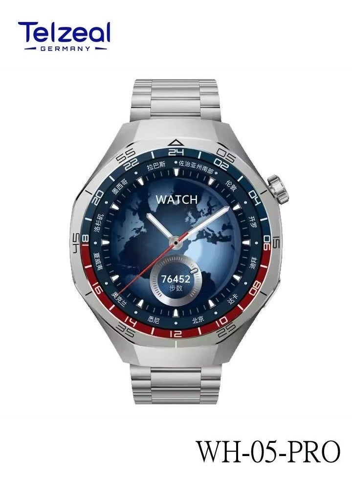 WH-05 PRO Waterproof Design Smartwatch with MAX Screen Display – 3 Interchangeable Straps, Wireless Charging, Sports & Fitness Tracker for Men, Sleek Silver Design