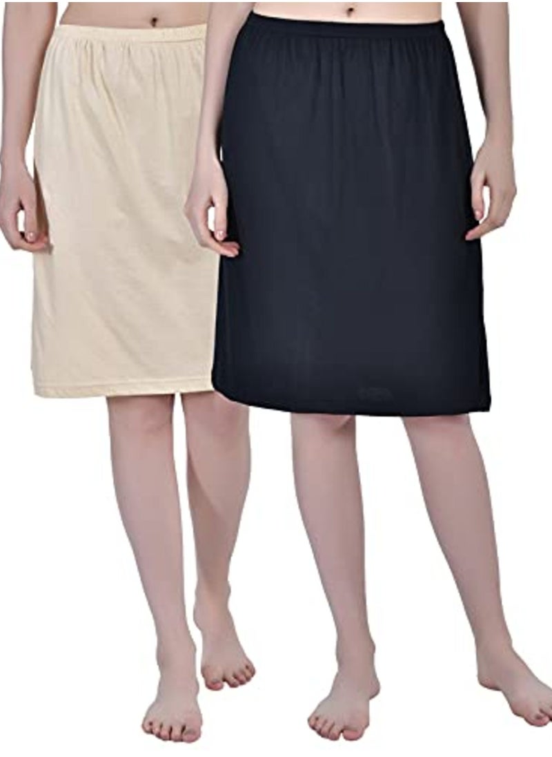Aimly Women's Cotton Knee Length Skirt - Black & Beige (Pack of 2)