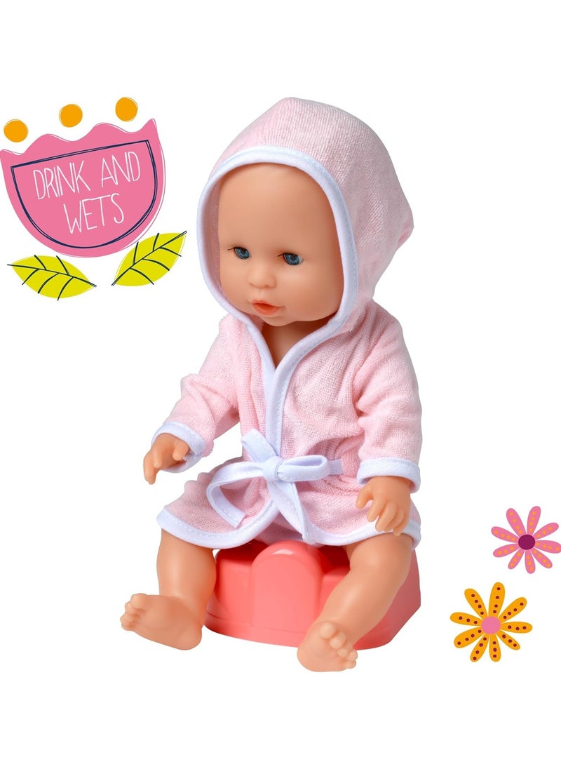 DollsWorld Baby Dribbles 12-Inch Drink and Wet Doll – Soft-Bodied Realistic Baby Doll Toy for Kids 18 Months+ by Peterkin