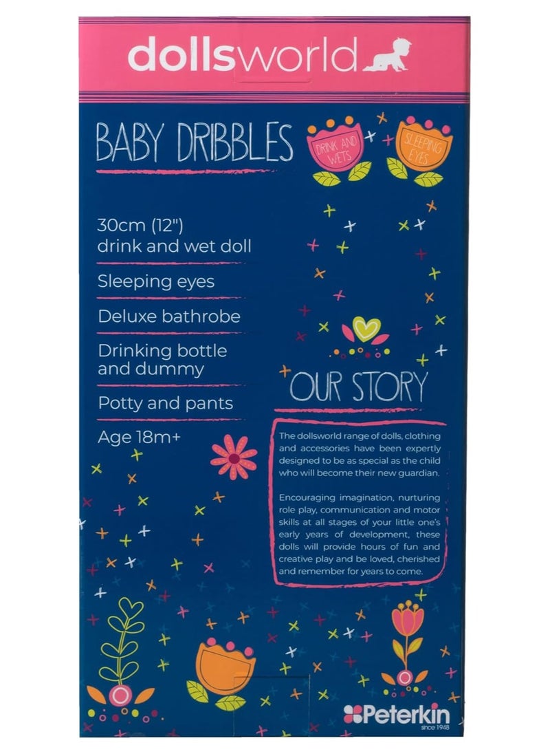 DollsWorld Baby Dribbles 12-Inch Drink and Wet Doll – Soft-Bodied Realistic Baby Doll Toy for Kids 18 Months+ by Peterkin