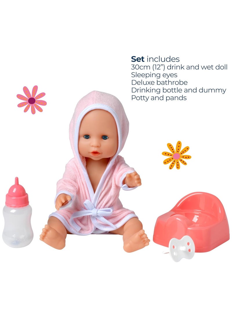 DollsWorld Baby Dribbles 12-Inch Drink and Wet Doll – Soft-Bodied Realistic Baby Doll Toy for Kids 18 Months+ by Peterkin