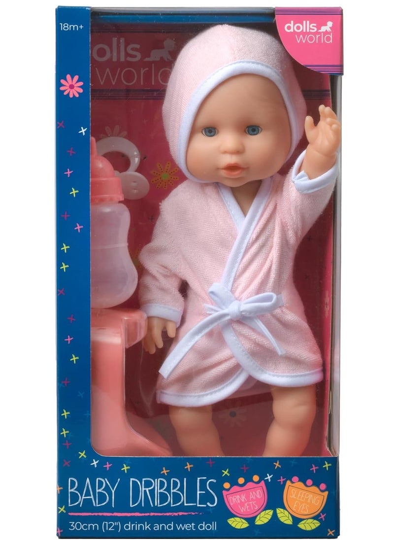 DollsWorld Baby Dribbles 12-Inch Drink and Wet Doll – Soft-Bodied Realistic Baby Doll Toy for Kids 18 Months+ by Peterkin
