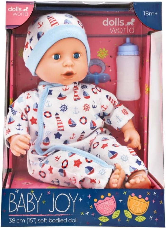 DollsWorld Peterkin Baby Joy 15-Inch Soft Baby Doll with Sleeping Eyes, Bottle & Dummy – Interactive Role Play Toy for Toddlers 18 Months+