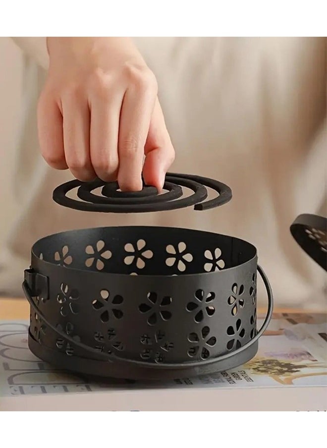 Retro Portable Mosquito Coil Holder with Handle Iron Fireproof Incense Burner for Home/Outdoor,14cm Diameter