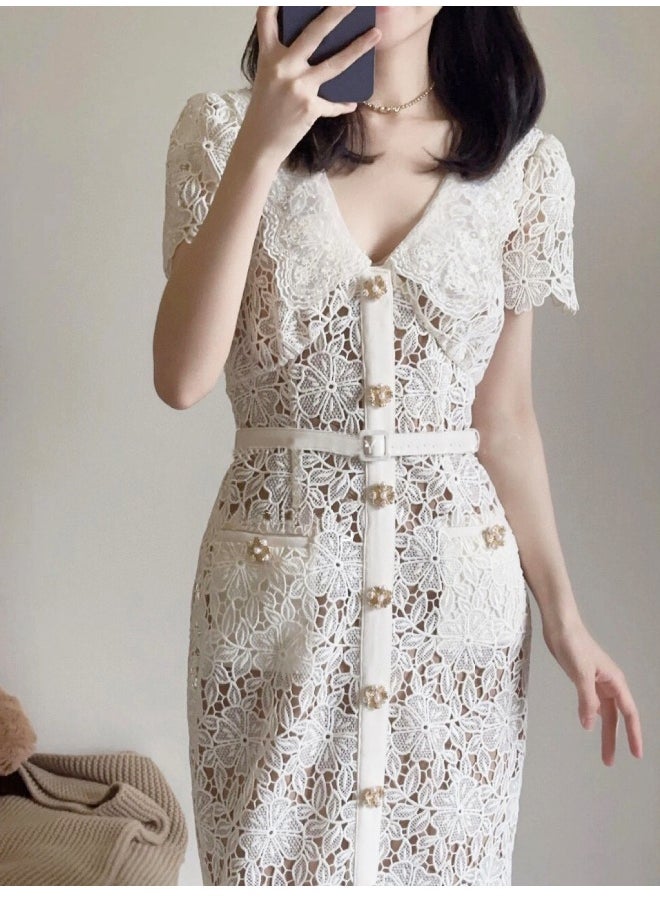 New Elegant White Embroidered Pearl Collar Fitted Lace Dress
