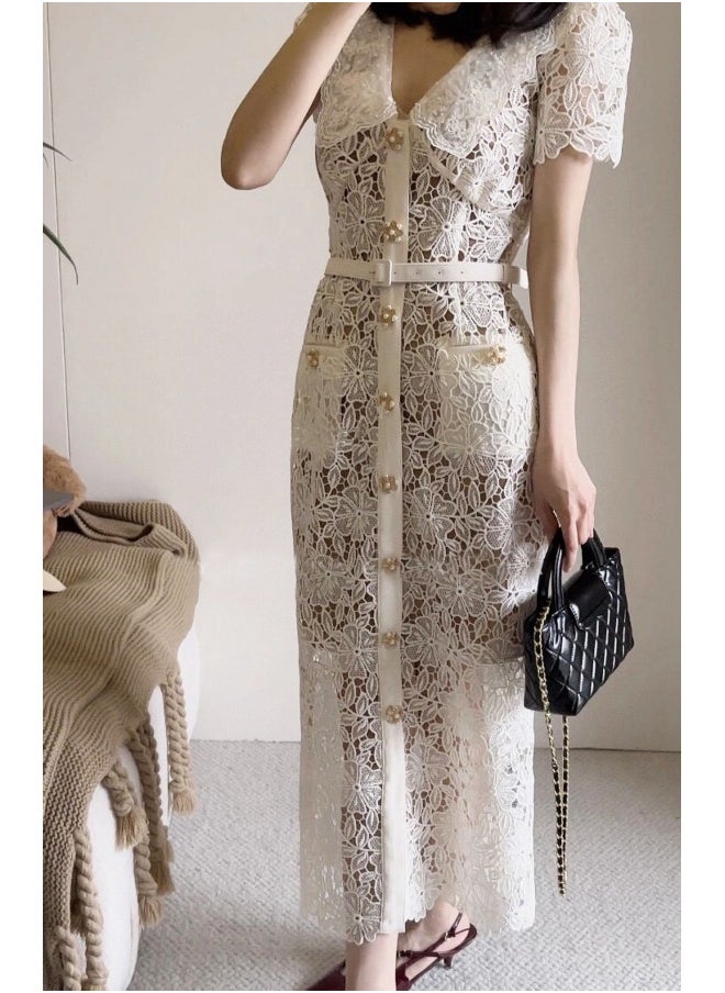 New Elegant White Embroidered Pearl Collar Fitted Lace Dress