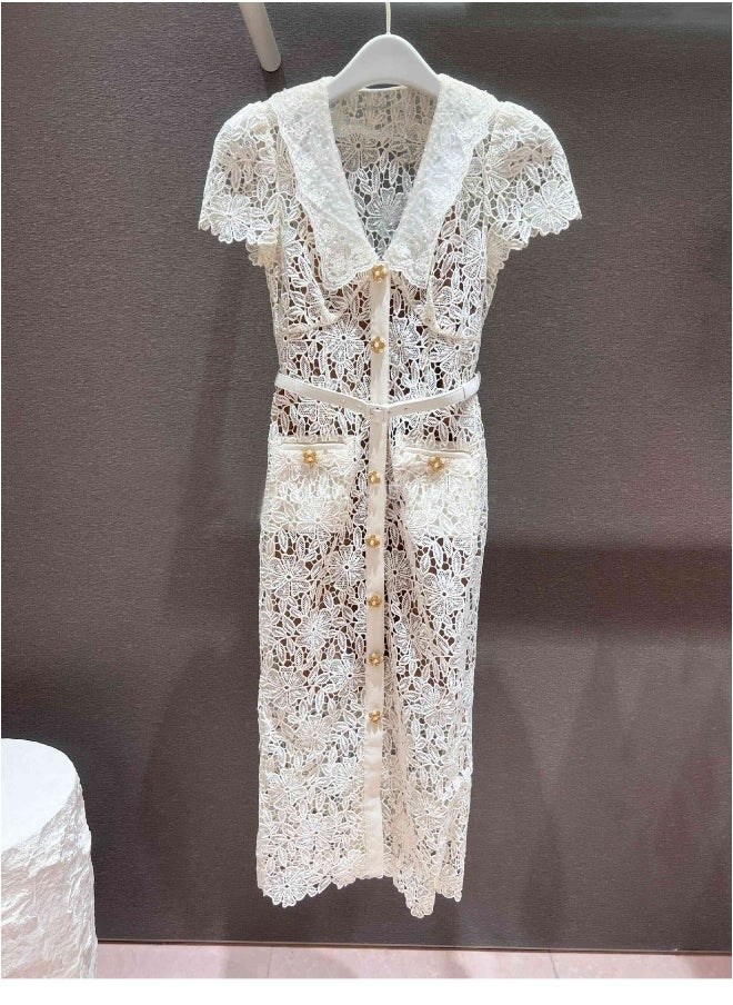 New Elegant White Embroidered Pearl Collar Fitted Lace Dress