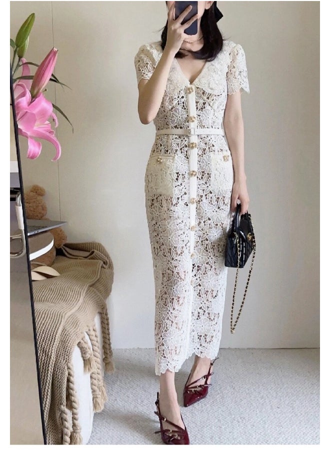 New Elegant White Embroidered Pearl Collar Fitted Lace Dress