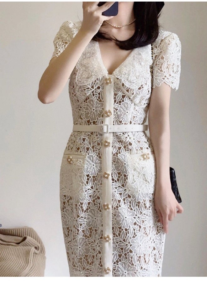 New Elegant White Embroidered Pearl Collar Fitted Lace Dress