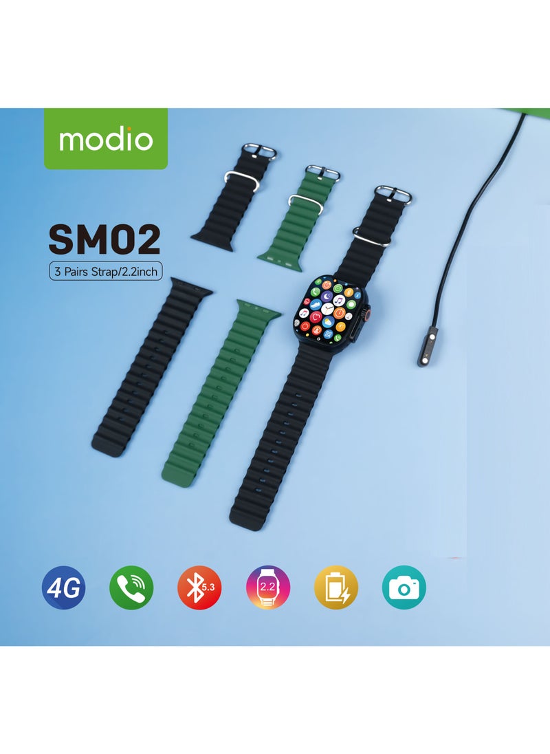 Modio SM02 4G 2.2 Inch Display Smartwatch With Built in Camera Sim card Slot and 3 Interchangeable Straps Designed for Ladies and Gents Black