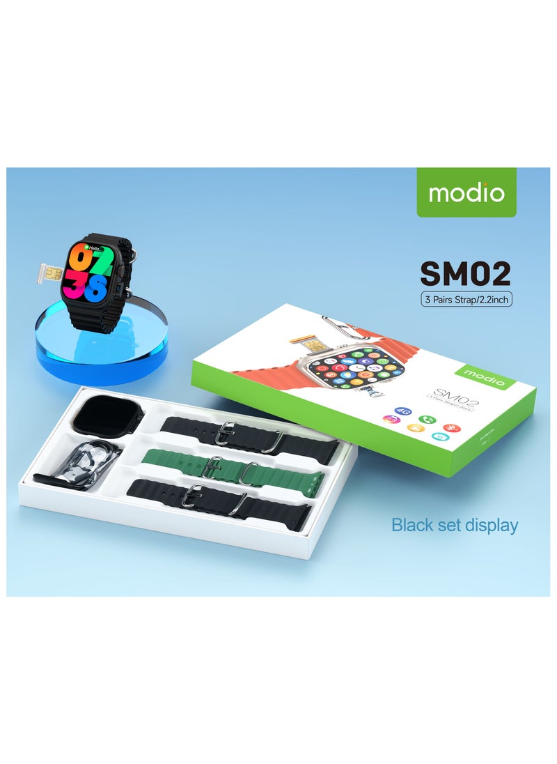 Modio SM02 4G 2.2 Inch Display Smartwatch With Built in Camera Sim card Slot and 3 Interchangeable Straps Designed for Ladies and Gents Black