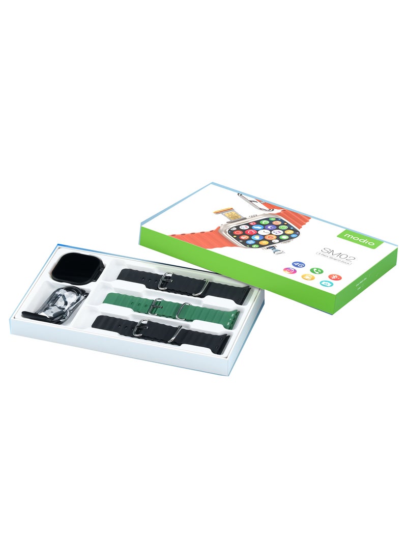 Modio SM02 4G 2.2 Inch Display Smartwatch With Built in Camera Sim card Slot and 3 Interchangeable Straps Designed for Ladies and Gents Black