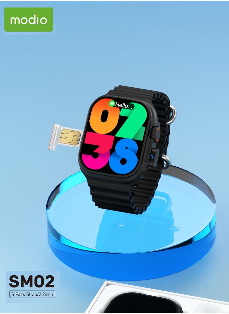Modio SM02 4G 2.2 Inch Display Smartwatch With Built in Camera Sim card Slot and 3 Interchangeable Straps Designed for Ladies and Gents Black