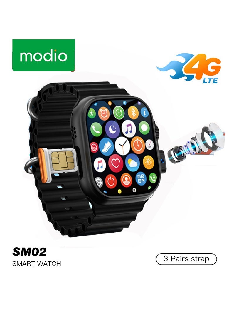 Modio SM02 4G 2.2 Inch Display Smartwatch With Built in Camera Sim card Slot and 3 Interchangeable Straps Designed for Ladies and Gents Black