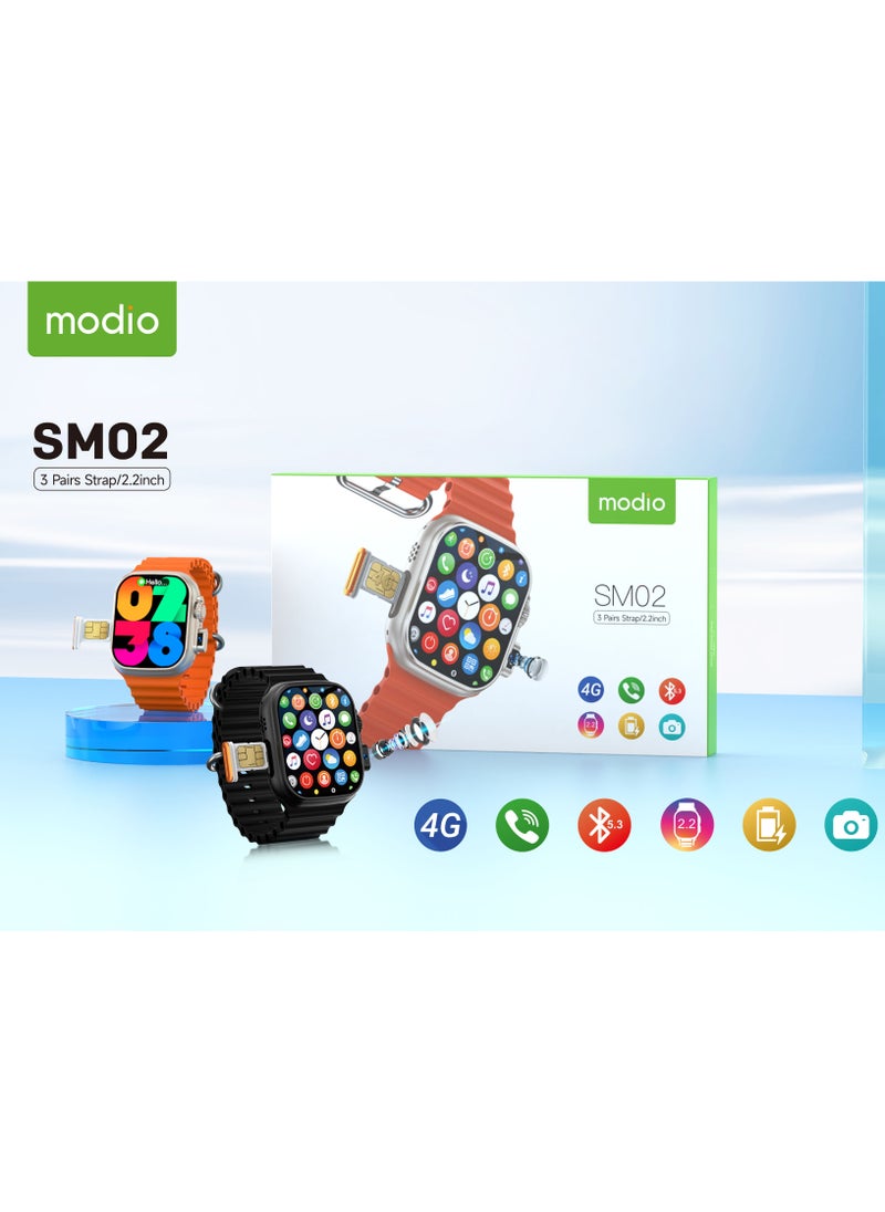 Modio SM02 4G 2.2 Inch Display Smartwatch With Built in Camera Sim card Slot and 3 Interchangeable Straps Designed for Ladies and Gents Black