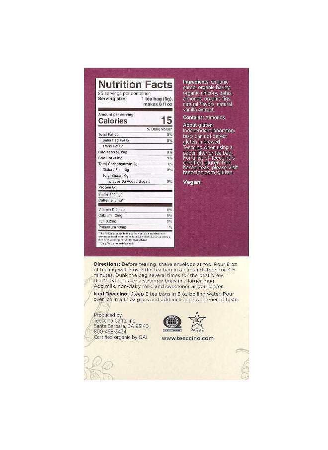 Teeccino, Roasted Herbal Tea, Vanilla Nut, Caffeine Free, 25 Tea Bags, 5.3 oz (150 g)