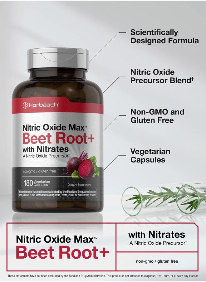 Nitric Oxide Beet Root Capsules | 180 Count | with Nitrates and Precursor | for Men and Women | Vegetarian, Non-GMO, Gluten Free Supplement