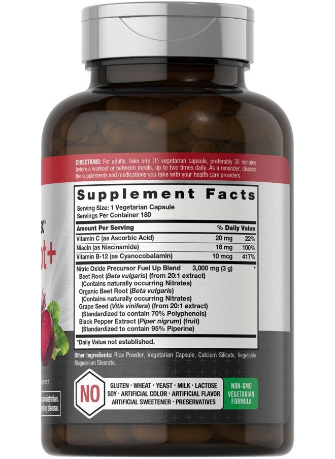 Nitric Oxide Beet Root Capsules | 180 Count | with Nitrates and Precursor | for Men and Women | Vegetarian, Non-GMO, Gluten Free Supplement