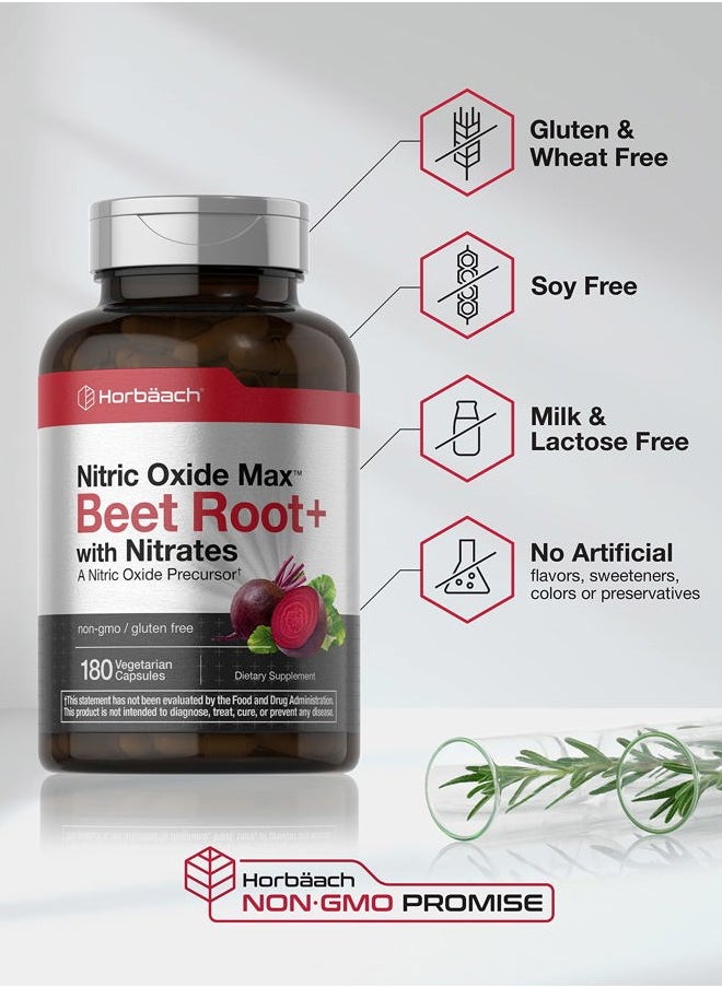 Nitric Oxide Beet Root Capsules | 180 Count | with Nitrates and Precursor | for Men and Women | Vegetarian, Non-GMO, Gluten Free Supplement