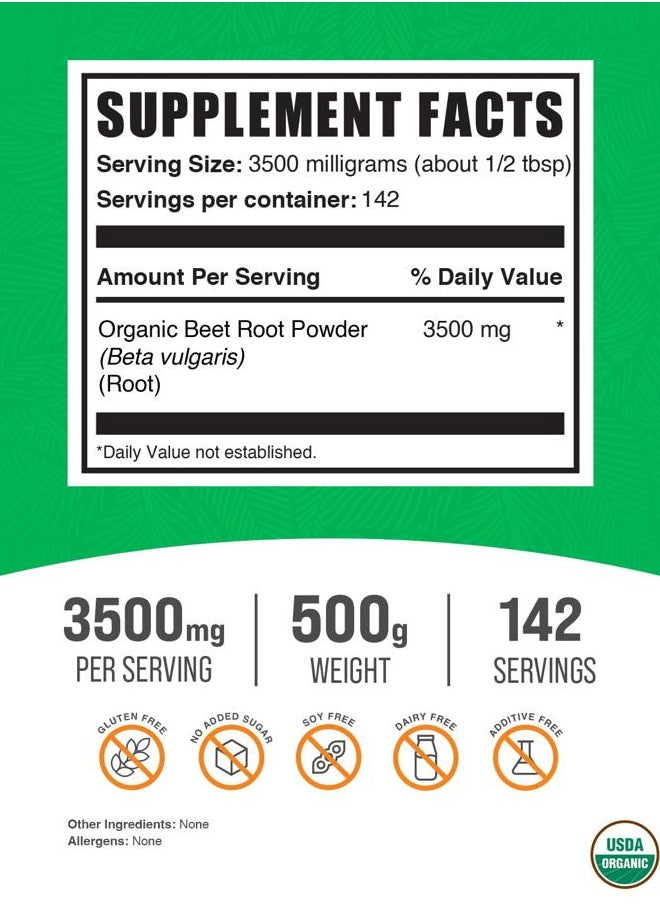 .com Organic Beet Root Powder - Superfood Supplement, Beet Root Supplements - Vegan & Gluten Free, 3.5g per Serving, 500g (1.1 lbs) (Pack of 1)