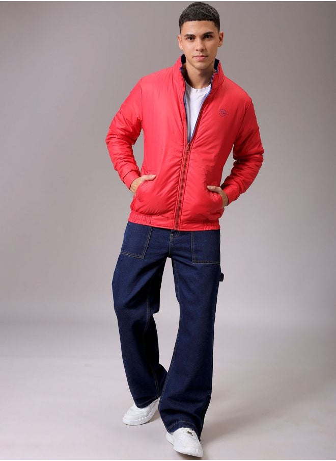 Men Slim Fit Solid Reversible Puffer Jackets