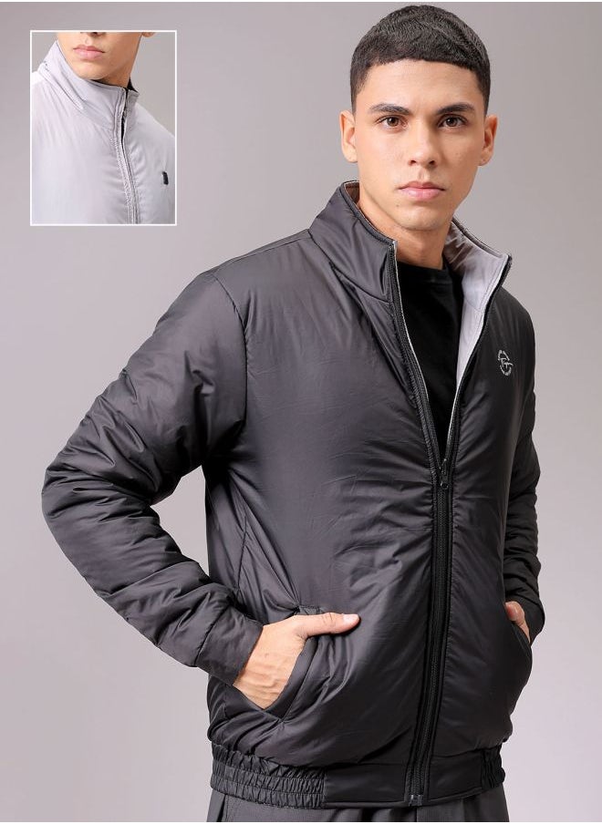 Men Slim Fit Solid Reversible Puffer Jackets