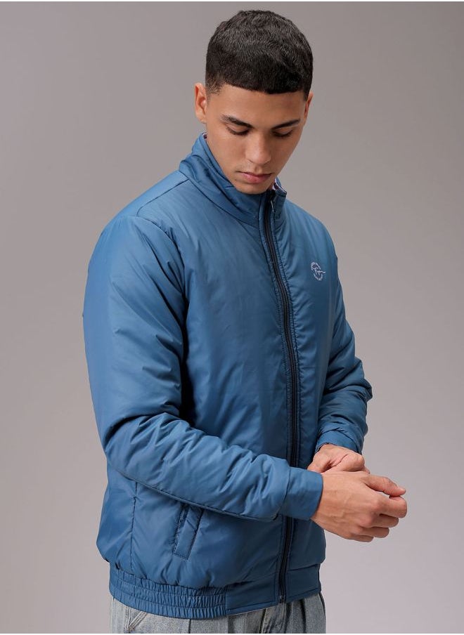 Men Slim Fit Solid Reversible Puffer Jackets