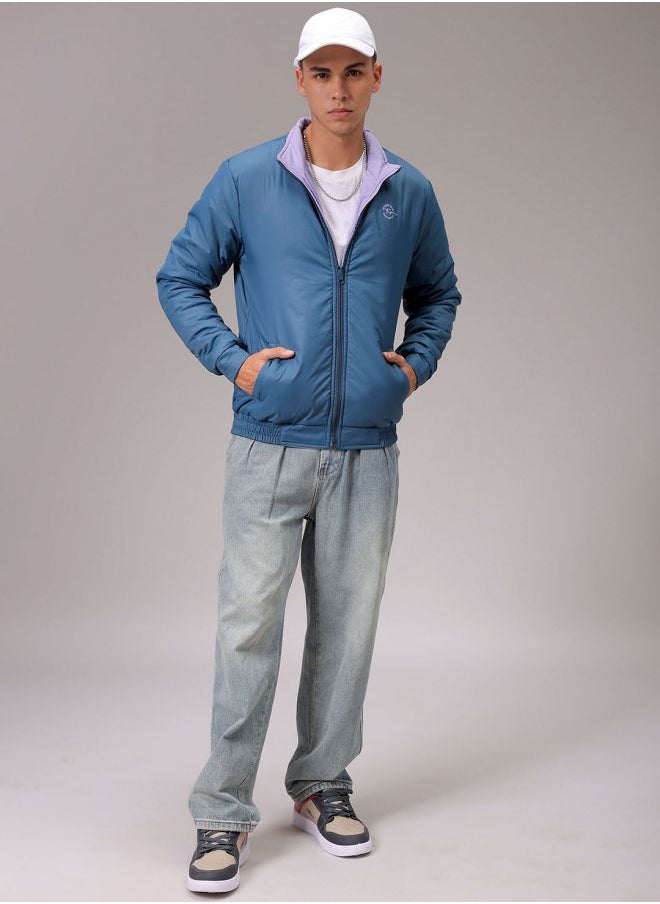 Men Slim Fit Solid Reversible Puffer Jackets