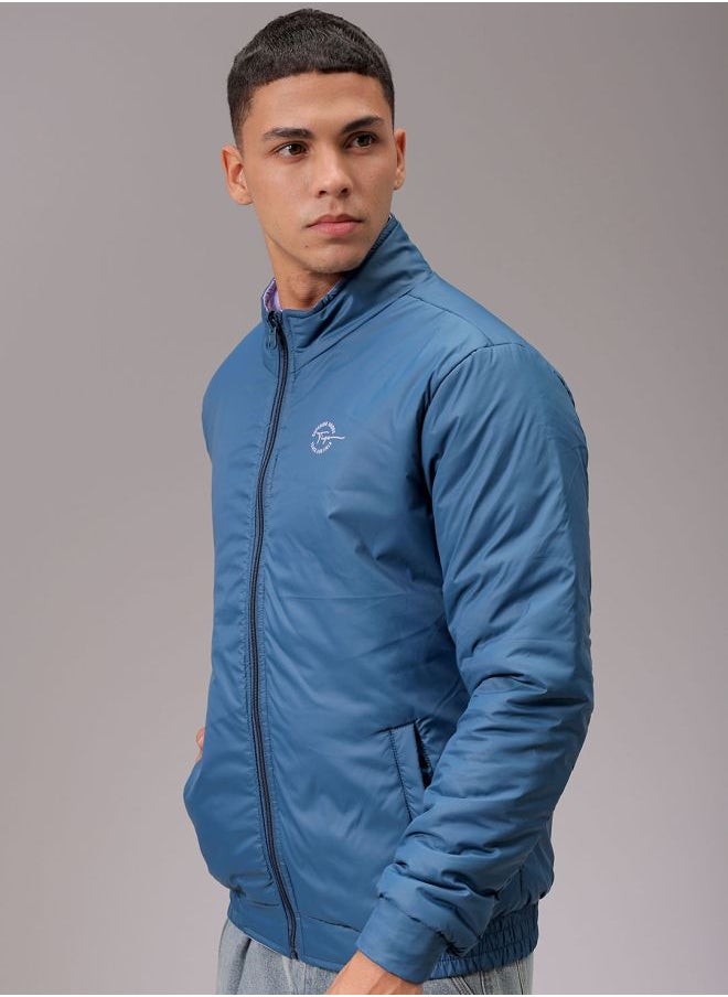 Men Slim Fit Solid Reversible Puffer Jackets