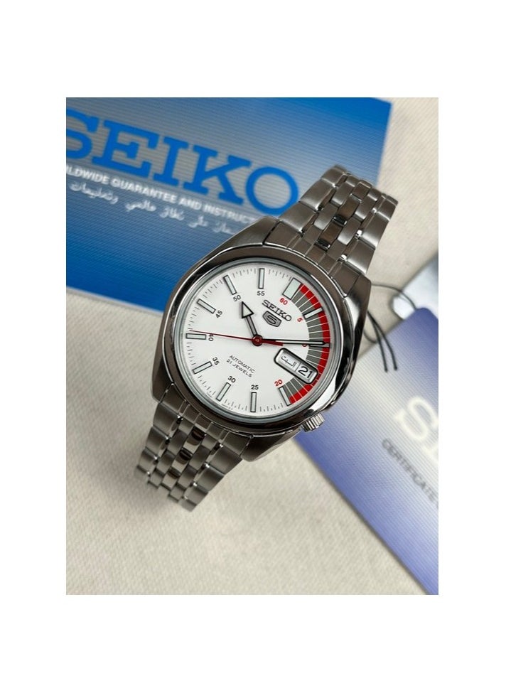 SNK369K1 Men's Automatic Analog Watch, White Dial, Silver Stainless Steel Bracelet, Day-Date Display, 30M Water Resistant