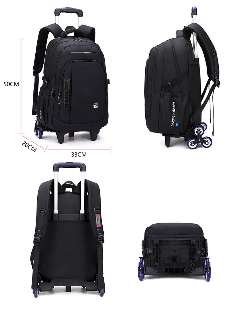 Trolley Backpack Rolling Schoolbag, Large Capacity Water Repellent Black Travel Wheeled Bag for Primary Students, Girls and Boys
