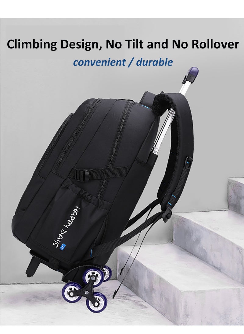 Trolley Backpack Rolling Schoolbag, Large Capacity Water Repellent Black Travel Wheeled Bag for Primary Students, Girls and Boys