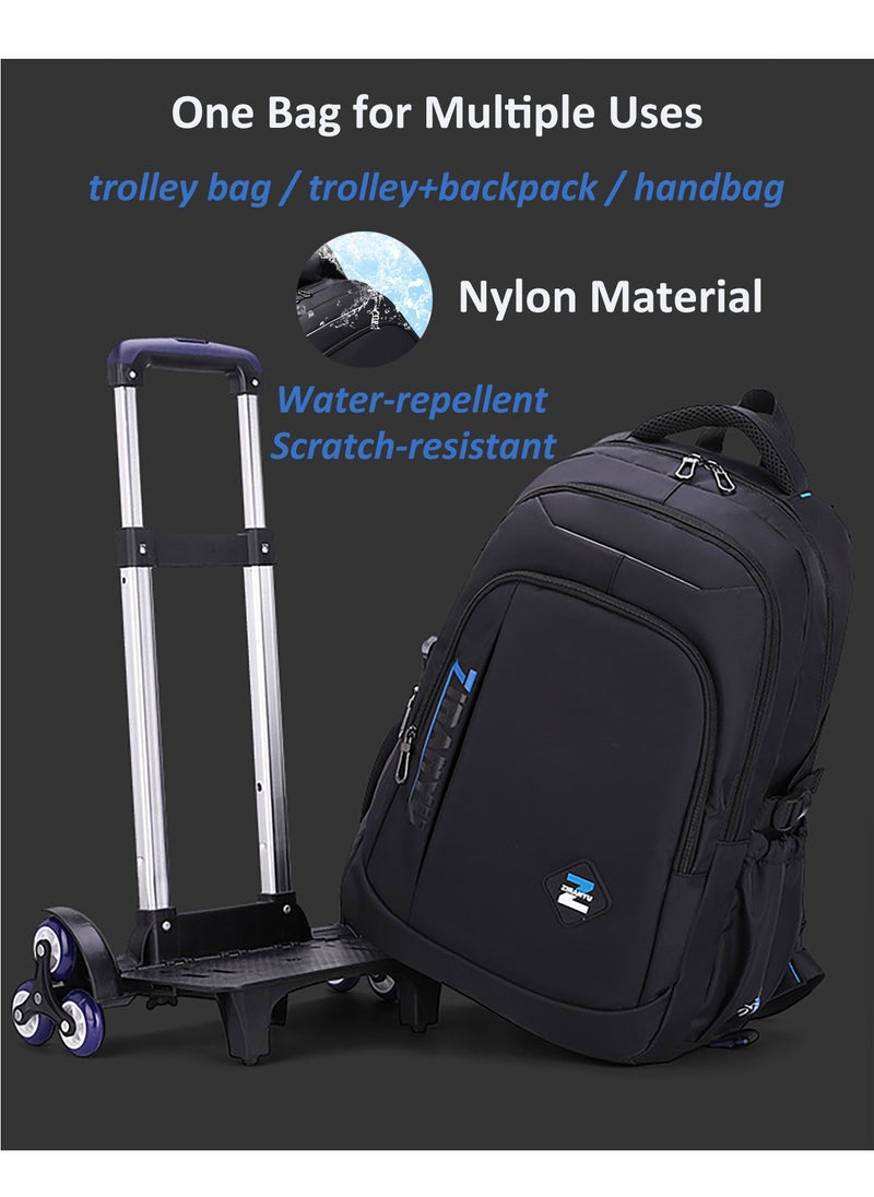 Trolley Backpack Rolling Schoolbag, Large Capacity Water Repellent Black Travel Wheeled Bag for Primary Students, Girls and Boys