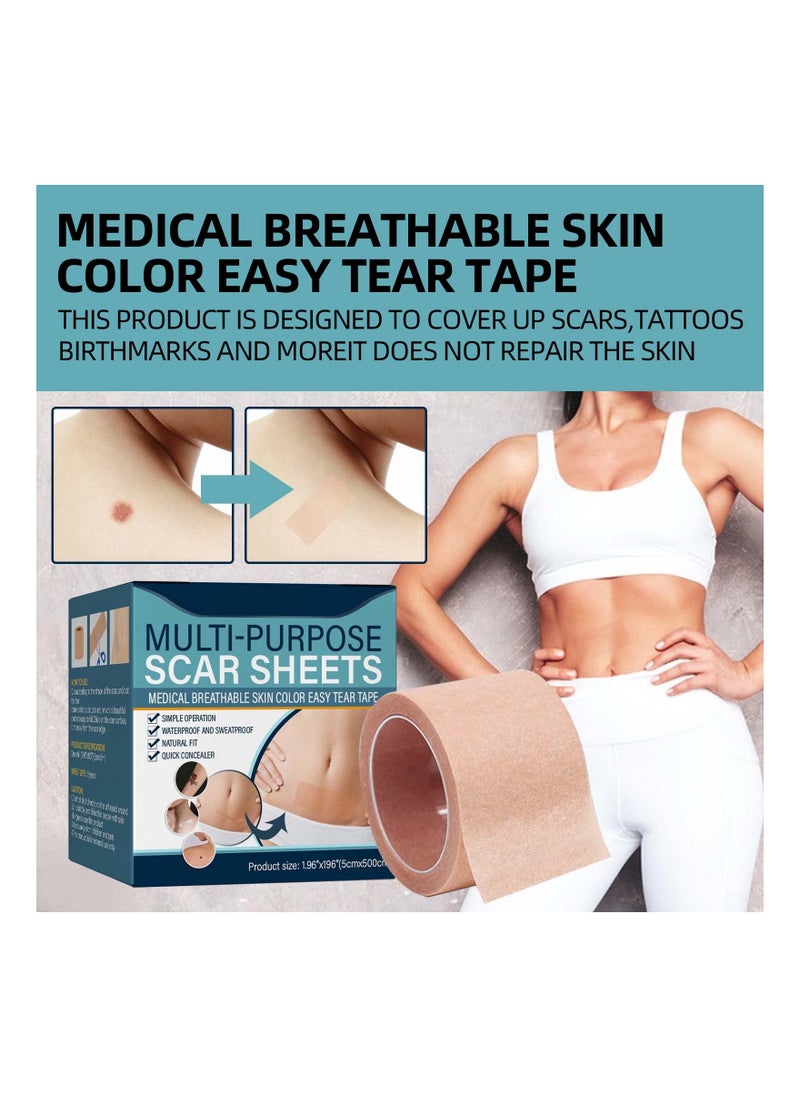 1Pcs Scar Sheets, Scar Tape Roll (1.96in x 196in Roll) - Extra Long Scar Strip for various scars - Waterproof and Cutable Scar Cover Sheets - Skin Tone Scar Patches