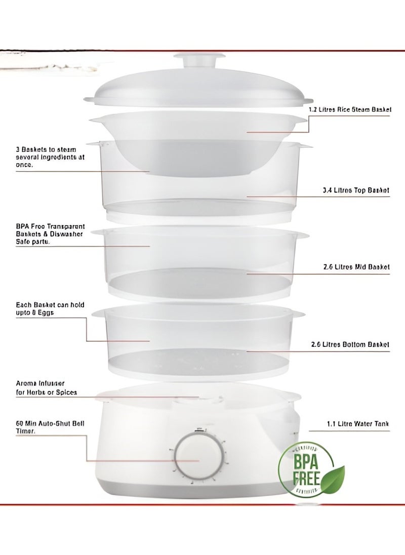 Electric Food Dehydrator and Steamer – 3 Stackable Baskets, 8.5L Capacity, BPA-Free, 360° Airflow System, 60-Min Timer with Auto Shut-Off, Removable Drip Tray, Adjustable Temperature Control