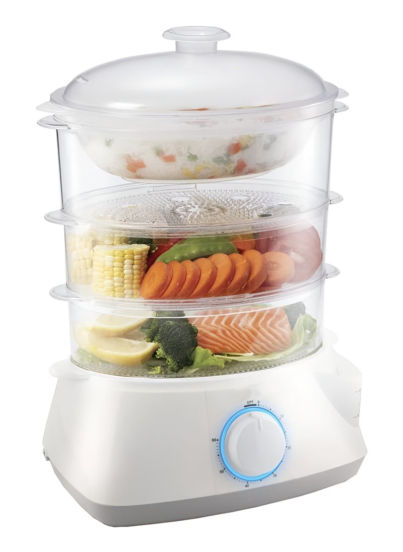 Electric Food Dehydrator and Steamer – 3 Stackable Baskets, 8.5L Capacity, BPA-Free, 360° Airflow System, 60-Min Timer with Auto Shut-Off, Removable Drip Tray, Adjustable Temperature Control