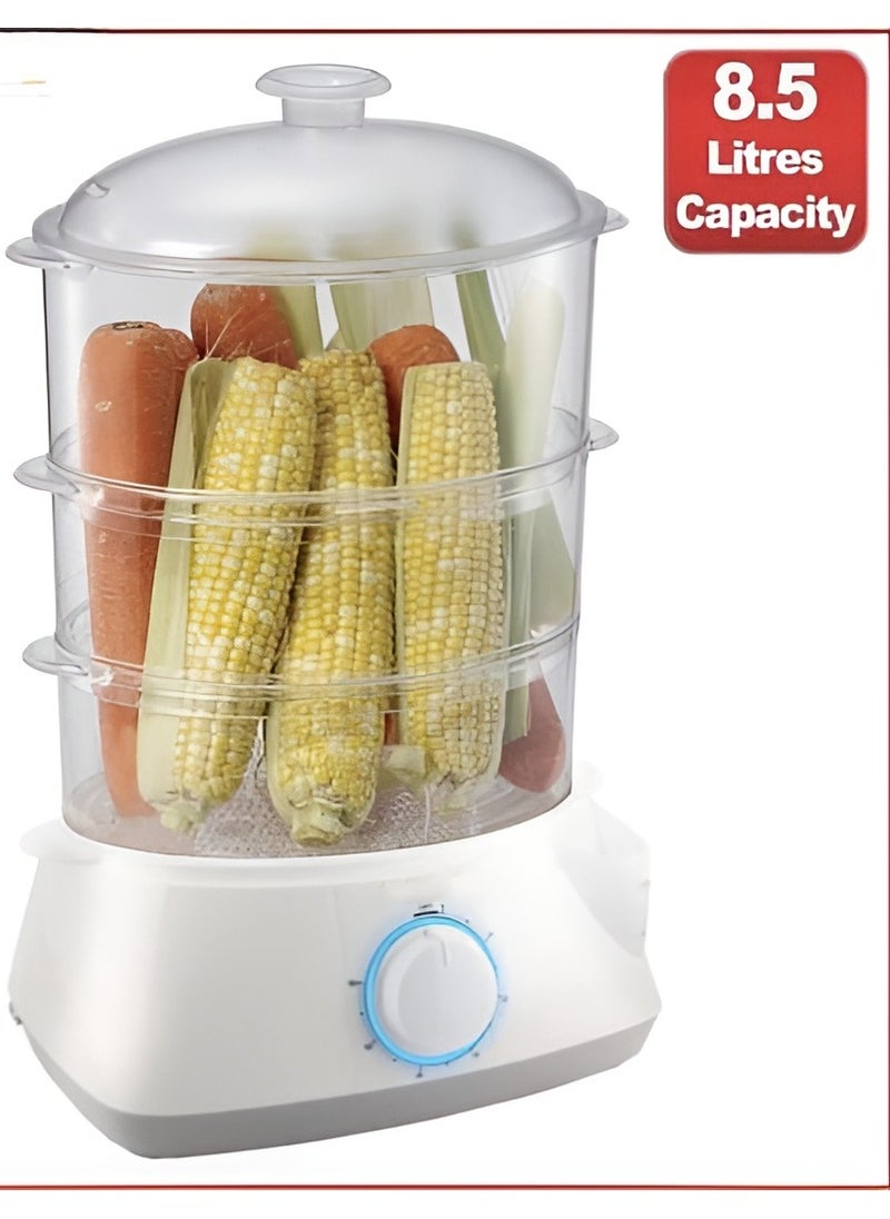 Electric Food Dehydrator and Steamer – 3 Stackable Baskets, 8.5L Capacity, BPA-Free, 360° Airflow System, 60-Min Timer with Auto Shut-Off, Removable Drip Tray, Adjustable Temperature Control