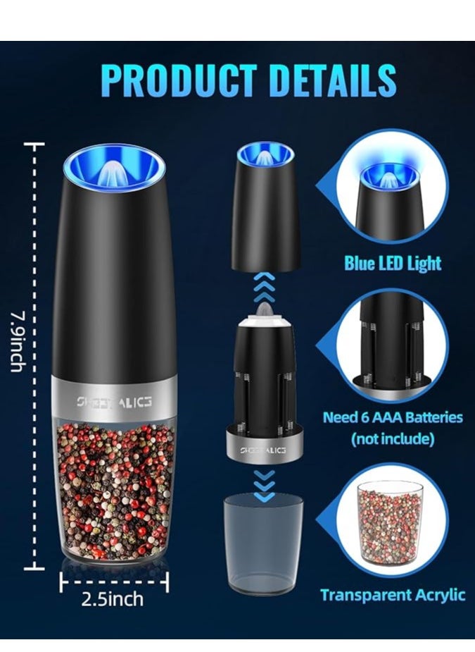 Gravity Electric Pepper and Salt Grinder Set, Adjustable Coarseness, Battery Powered, One Hand Automatic Operation, Stainless Steel Black