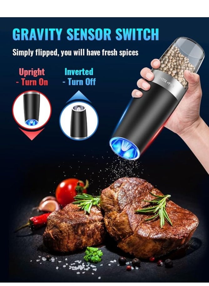 Gravity Electric Pepper and Salt Grinder Set, Adjustable Coarseness, Battery Powered, One Hand Automatic Operation, Stainless Steel Black