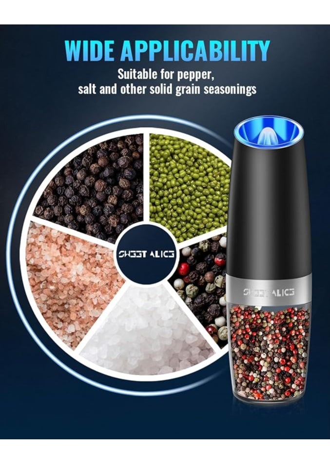 Gravity Electric Pepper and Salt Grinder Set, Adjustable Coarseness, Battery Powered, One Hand Automatic Operation, Stainless Steel Black